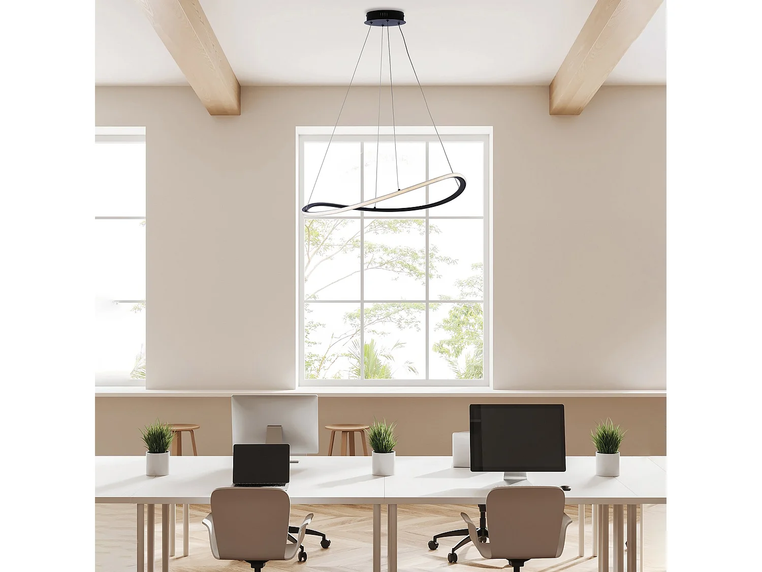 Suspension Raky métal noir, LED CCT intégrée, télécommande, câbles réglables d.70 cm, look moderne et pratique