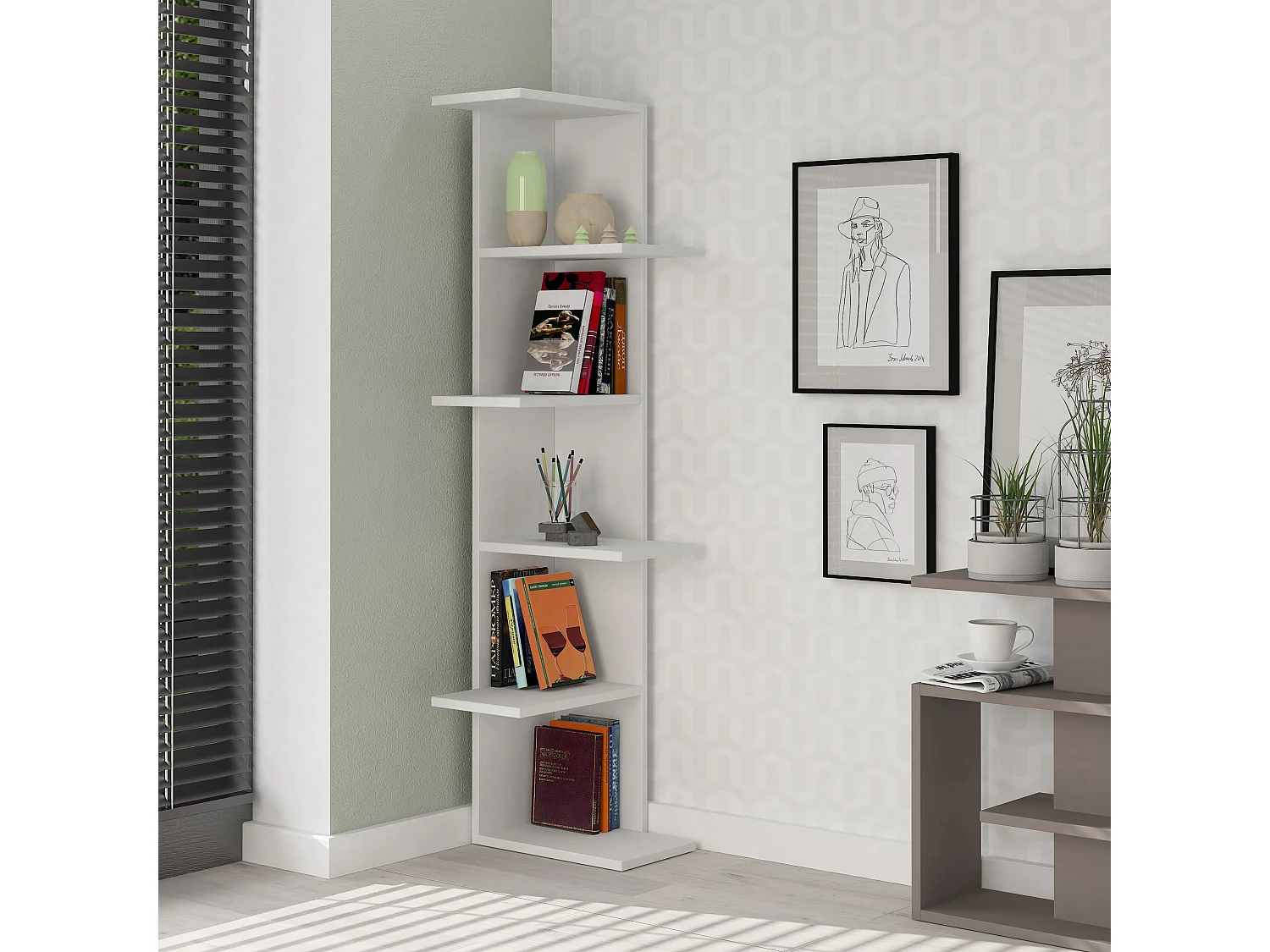 Buyqualia Mueble librería para Esquina con estantes (Alto 141 / Ancho 37 / Fondo 24) en Color (Blanco)