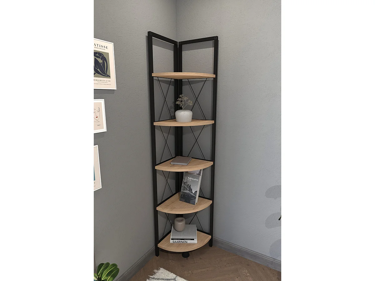 Buyqualia Estantería de rincón de Estilo Industrial con baldas en melamina Color safir y Estructura de Acero en Negro (Alto 160 / Ancho 34 / Fondo 34)