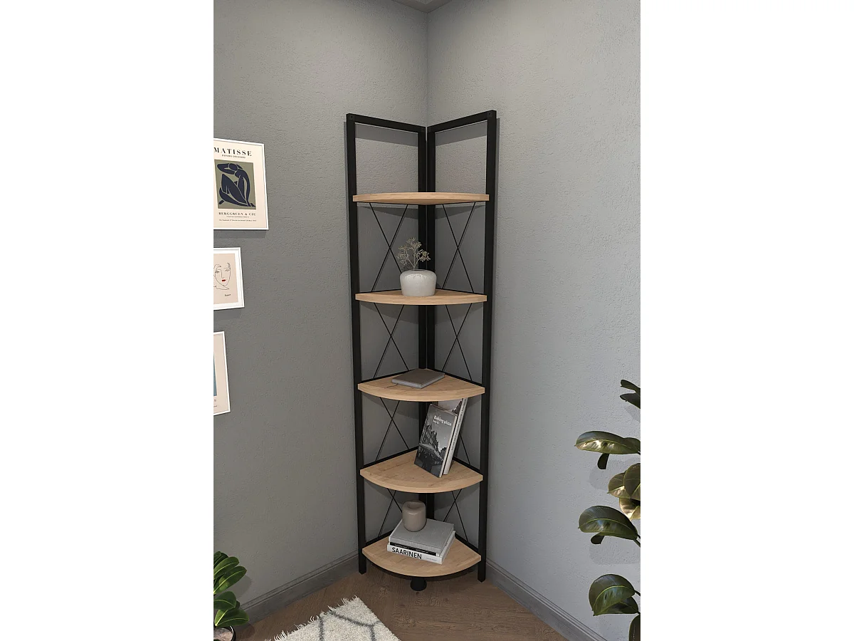 Buyqualia Estantería de rincón de Estilo Industrial con baldas en melamina Color safir y Estructura de Acero en Negro (Alto 160 / Ancho 34 / Fondo 34)