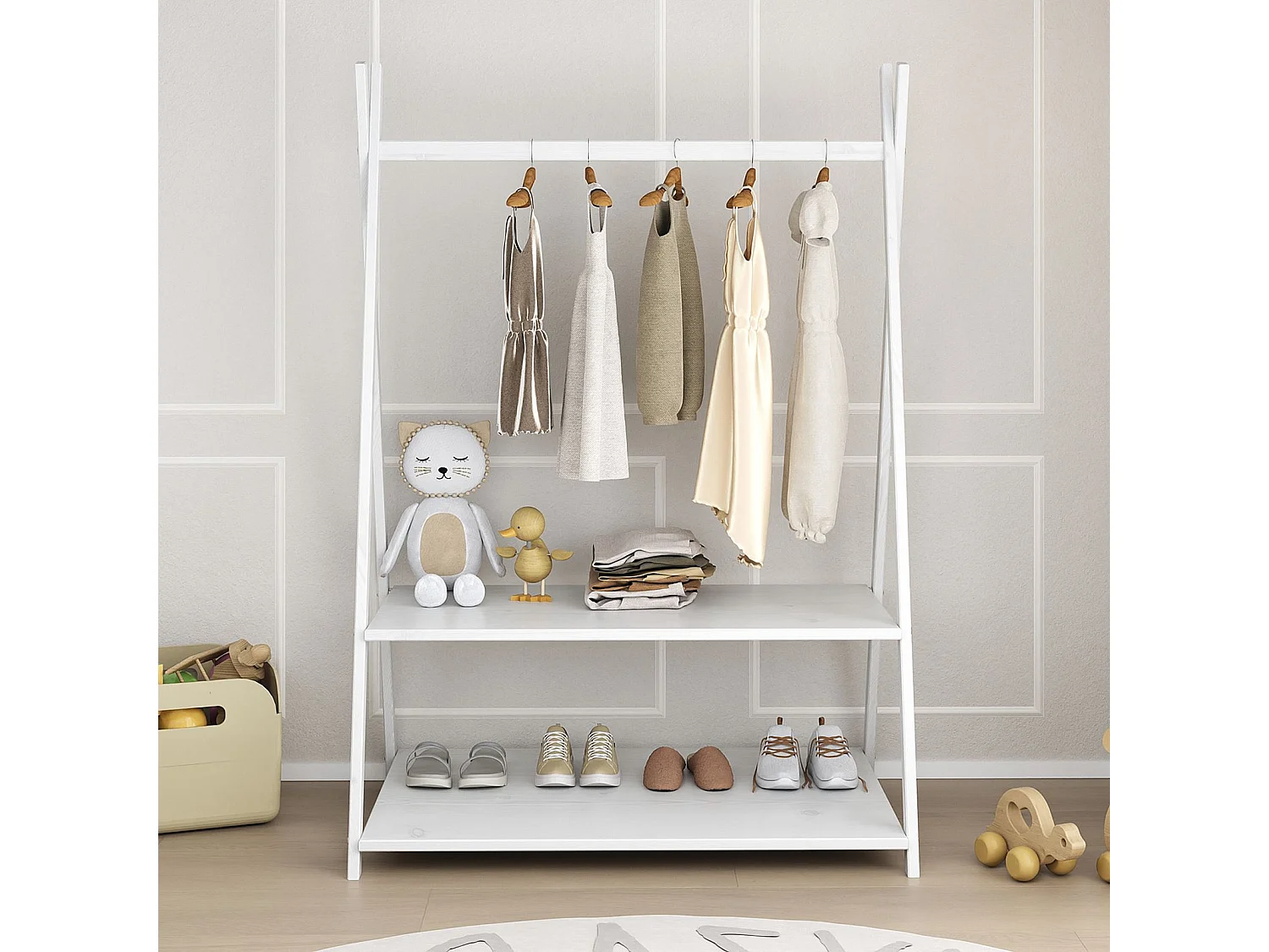 Penderie enfant DANILO avec tringle à vêtements et deux étagères, design tipi, en bois massif, 83 x 115 x 50 cm, blanc