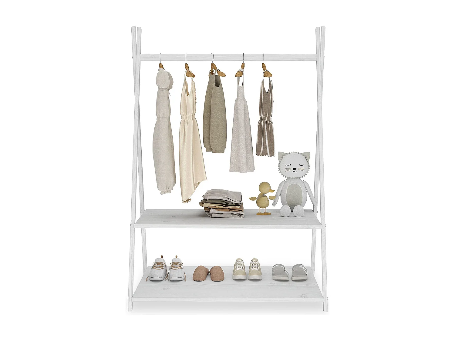 Penderie enfant DANILO avec tringle à vêtements et deux étagères, design tipi, en bois massif, 83 x 115 x 50 cm, blanc