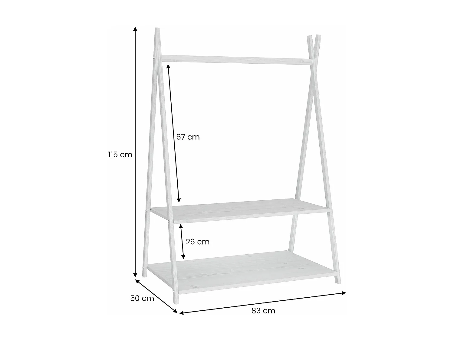 Penderie enfant DANILO avec tringle à vêtements et deux étagères, design tipi, en bois massif, 83 x 115 x 50 cm, blanc