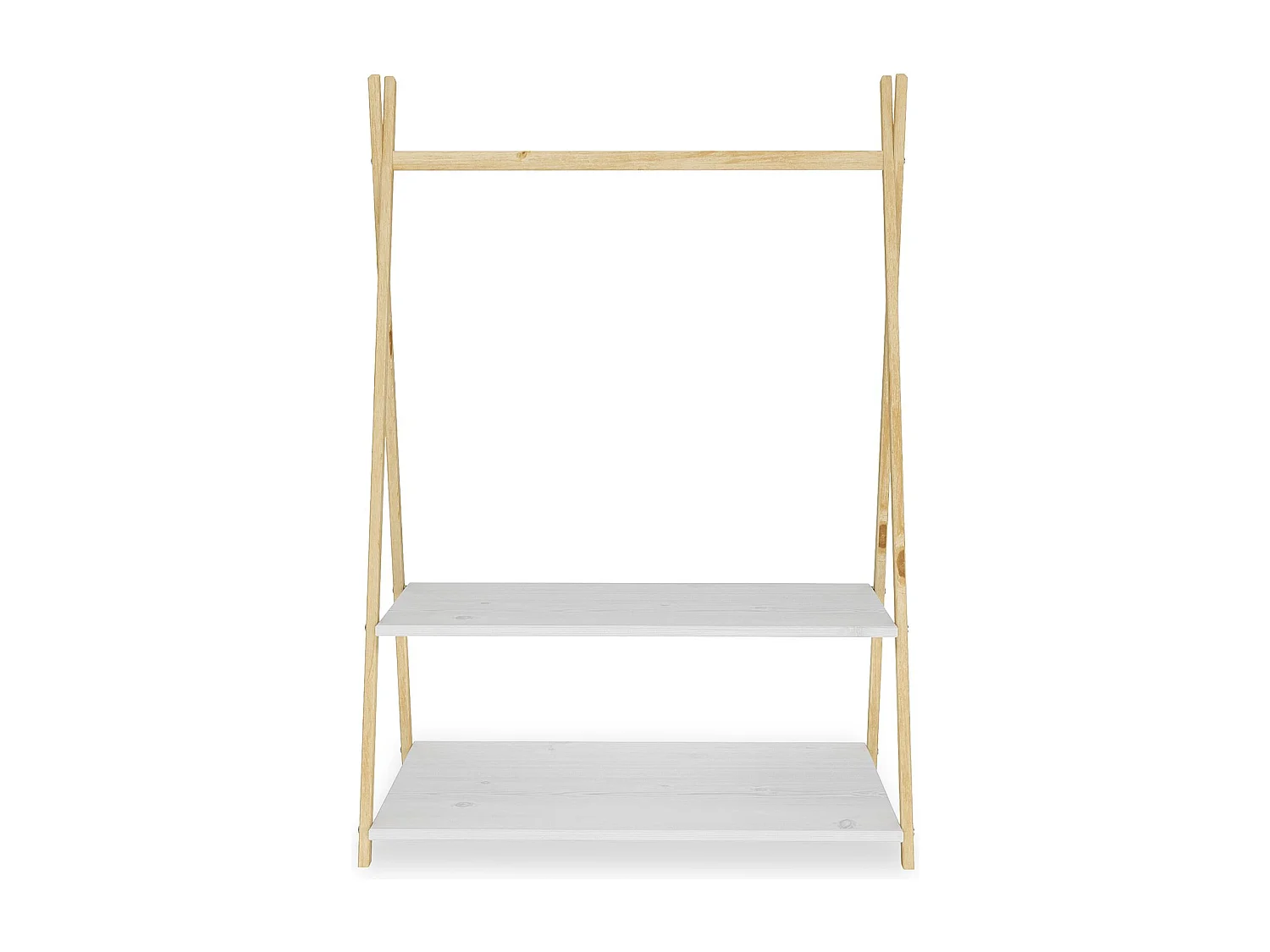 Penderie enfant DANILO avec tringle à vêtements et deux étagères, design tipi, en bois massif, coloris naturel/ blanc