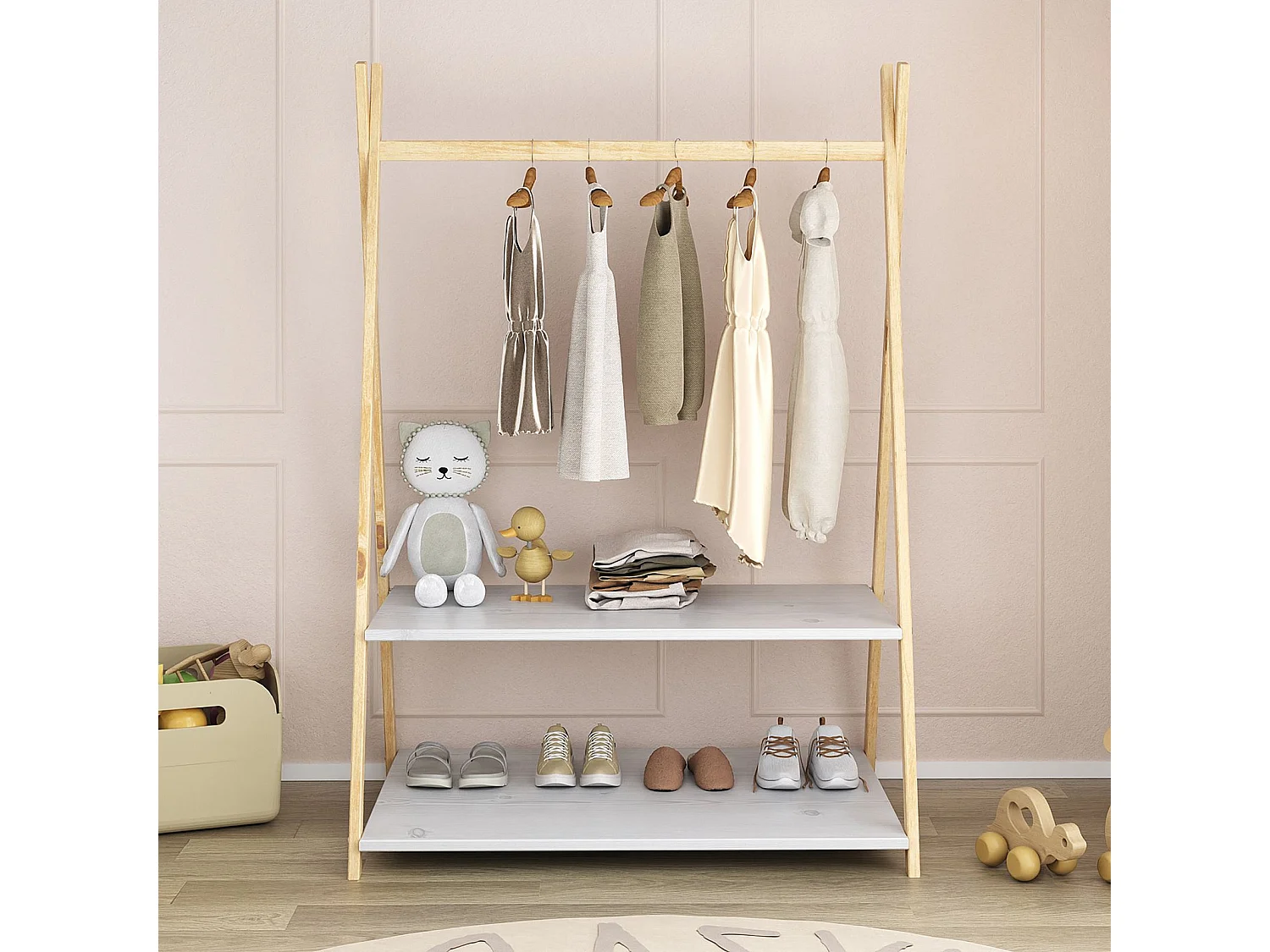 Penderie enfant DANILO avec tringle à vêtements et deux étagères, design tipi, en bois massif, coloris naturel/ blanc
