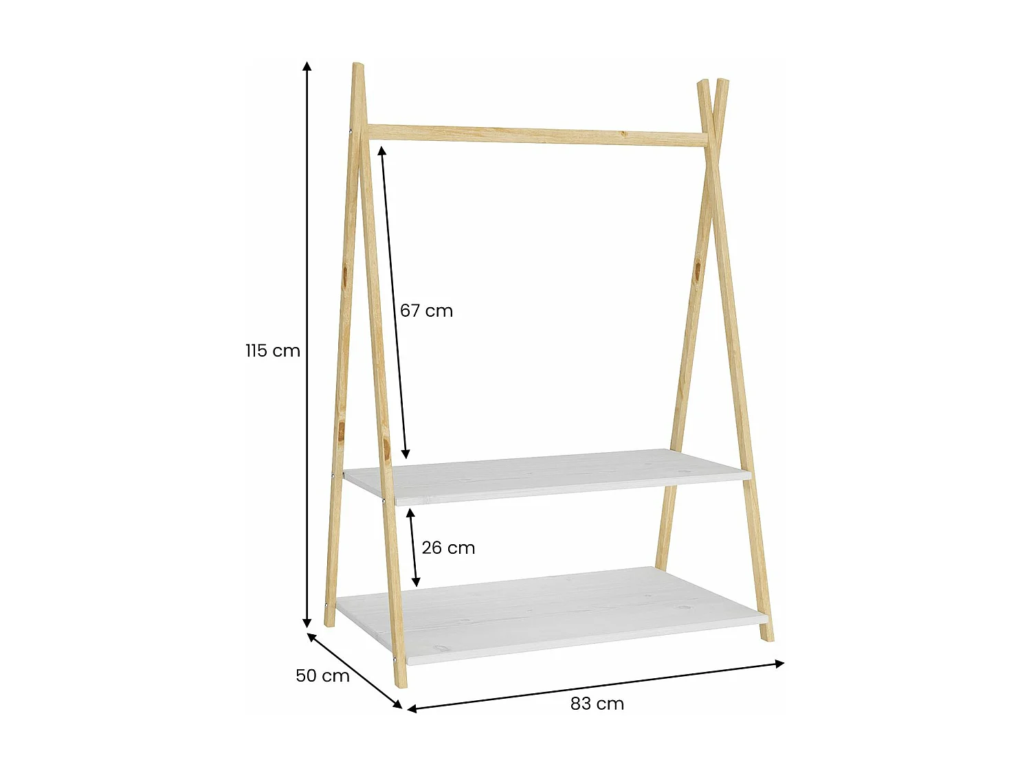 Penderie enfant DANILO avec tringle à vêtements et deux étagères, design tipi, en bois massif, coloris naturel/ blanc