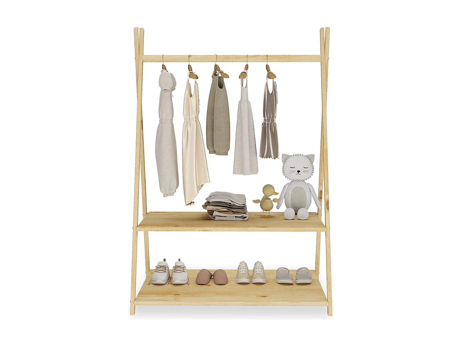 Penderie enfant DANILO avec tringle à vêtements et deux étagères, design tipi, en bois massif, 83 x 115 x 50 cm, coloris naturel