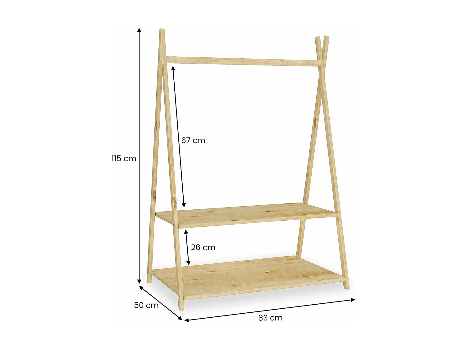 Penderie enfant DANILO avec tringle à vêtements et deux étagères, design tipi, en bois massif, 83 x 115 x 50 cm, coloris naturel