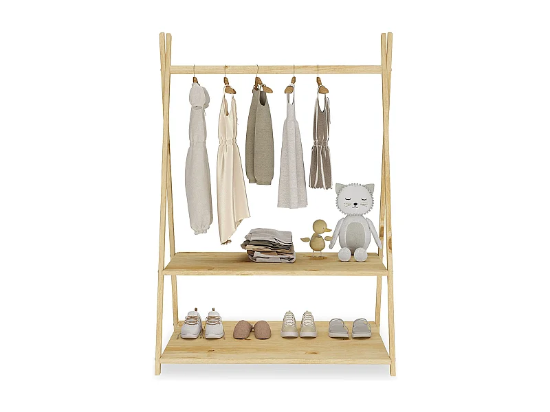 Penderie enfant DANILO avec tringle à vêtements et deux étagères, design tipi, en bois massif, 83 x 115 x 50 cm, coloris naturel
