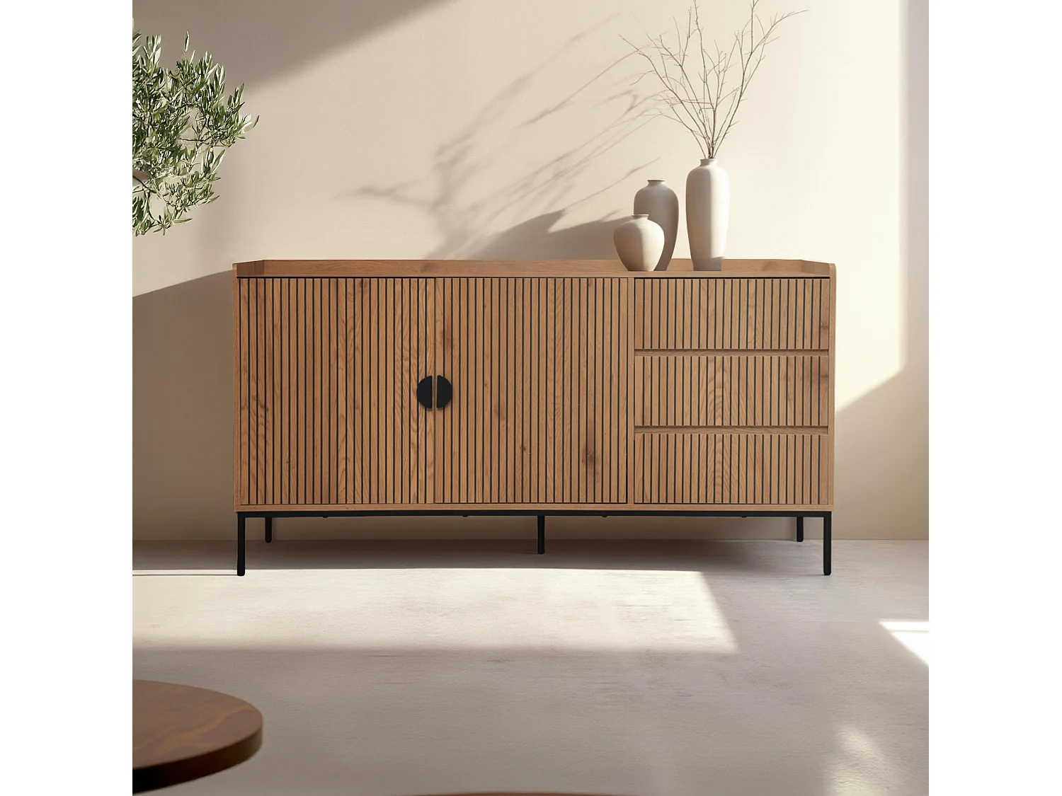 Buffet 2 portes et 3 tiroirs en acier et MDF décor mélaminé beige