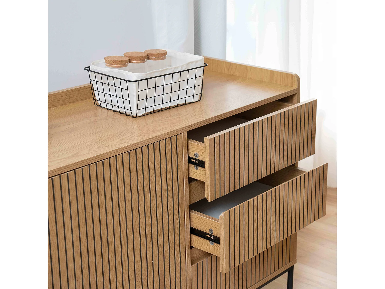 Buffet 2 portes et 3 tiroirs en acier et MDF décor mélaminé beige