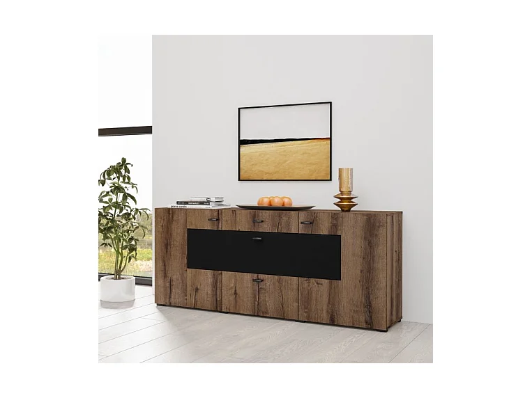 Buffet 3 portes 2 tiroirs Akram Bois Wengé et Noir