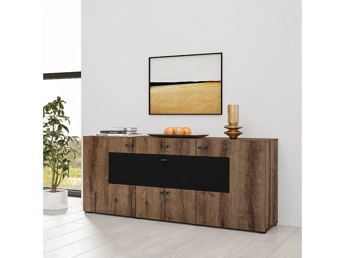 Akram 3-deurs dressoir met 2 laden Wengé en zwart hout