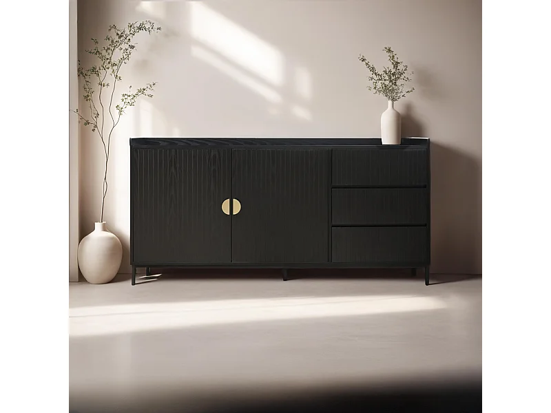 Buffet 2 portes et 3 tiroirs en acier et MDF décor mélaminé noir