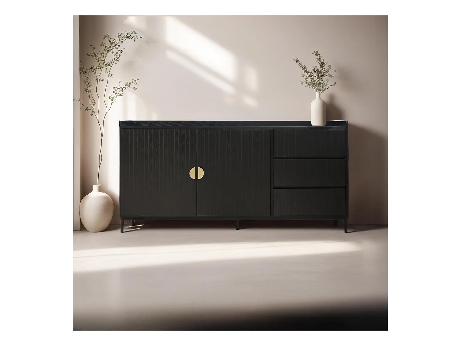 Buffet 2 portes et 3 tiroirs en acier et MDF décor mélaminé noir