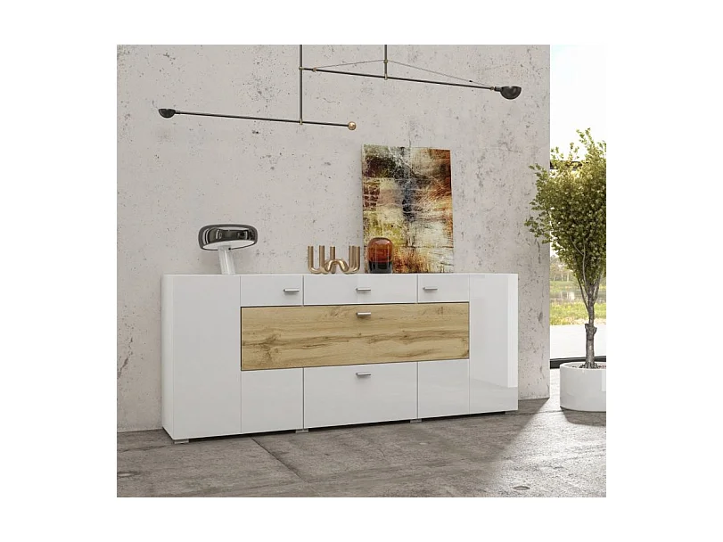 Buffet 3 portes 2 tiroirs Akram Blanc et Bois