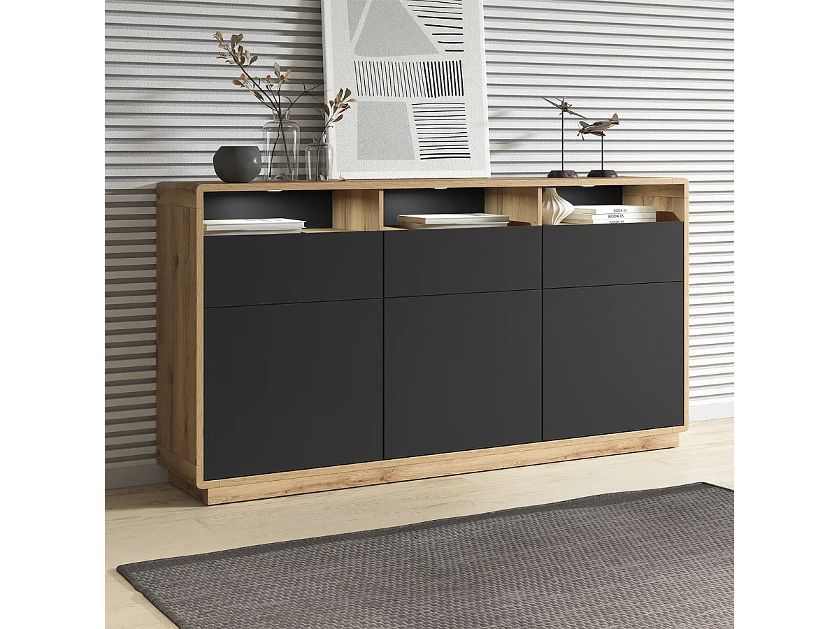Raven Zwart en Hout 3-deurs dressoir met 3 laden