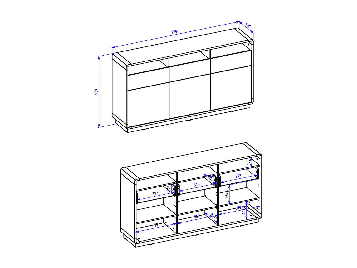 Raven Zwart en Hout 3-deurs dressoir met 3 laden