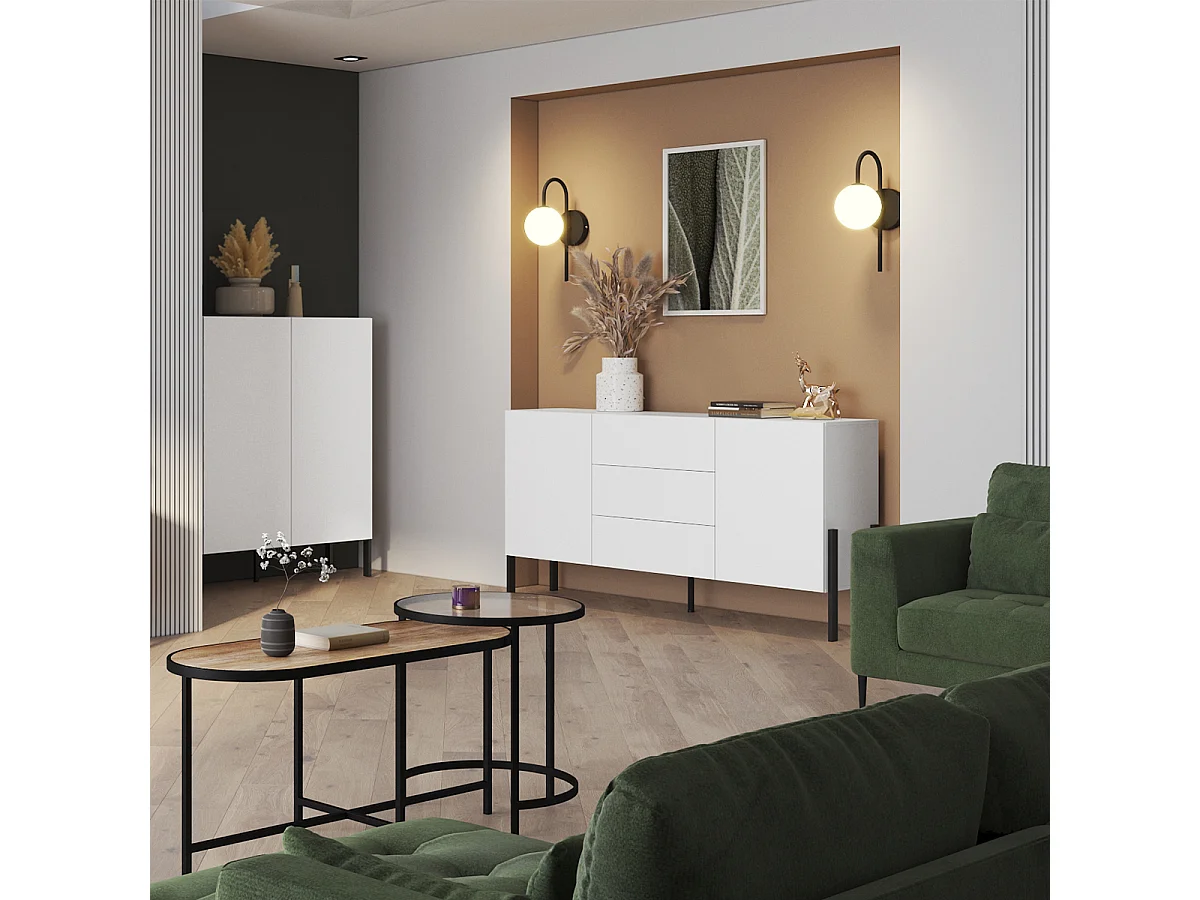 Buffet 2 ante 3 cassetti Bérénice bianco opaco e nero 90cm