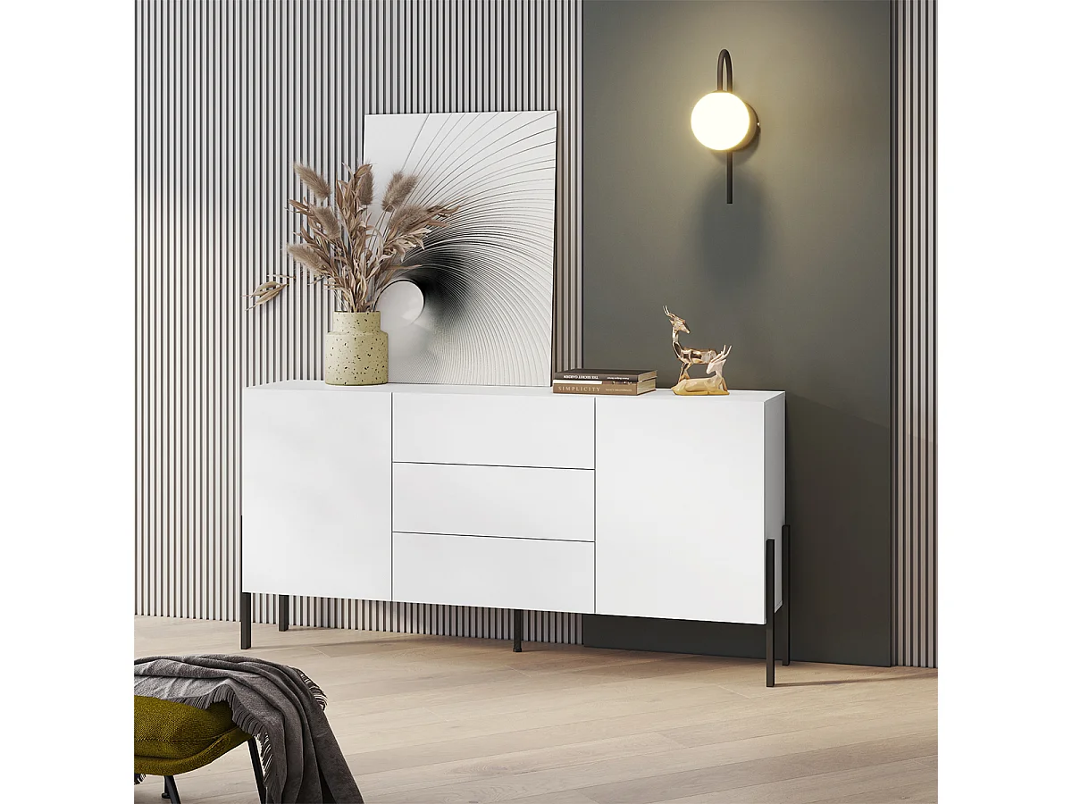 Buffet long 2 portes 3 tiroirs Bérénice Blanc