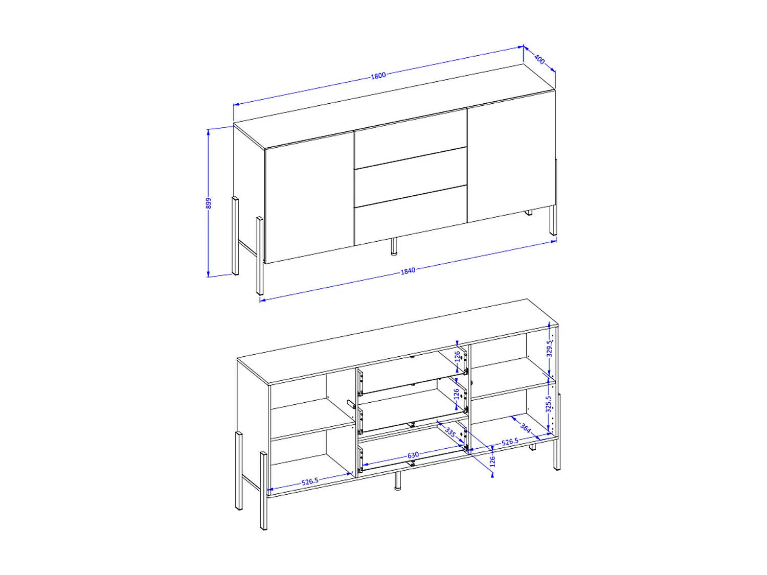 Buffet long 2 portes 3 tiroirs Bérénice Blanc