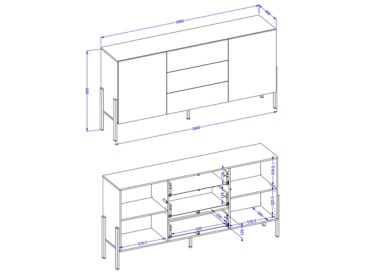 2-door 3-drawer long sideboard Berenice White
