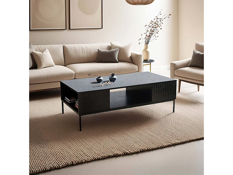 Table basse en acier et MDF décor mélaminé 120 cm noir