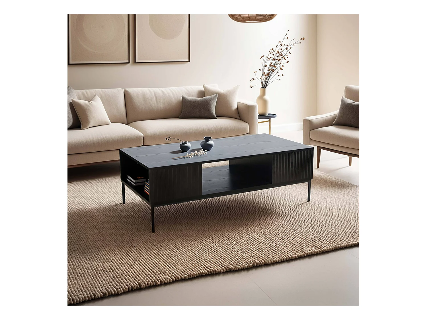 Table basse en acier et MDF décor mélaminé 120 cm noir