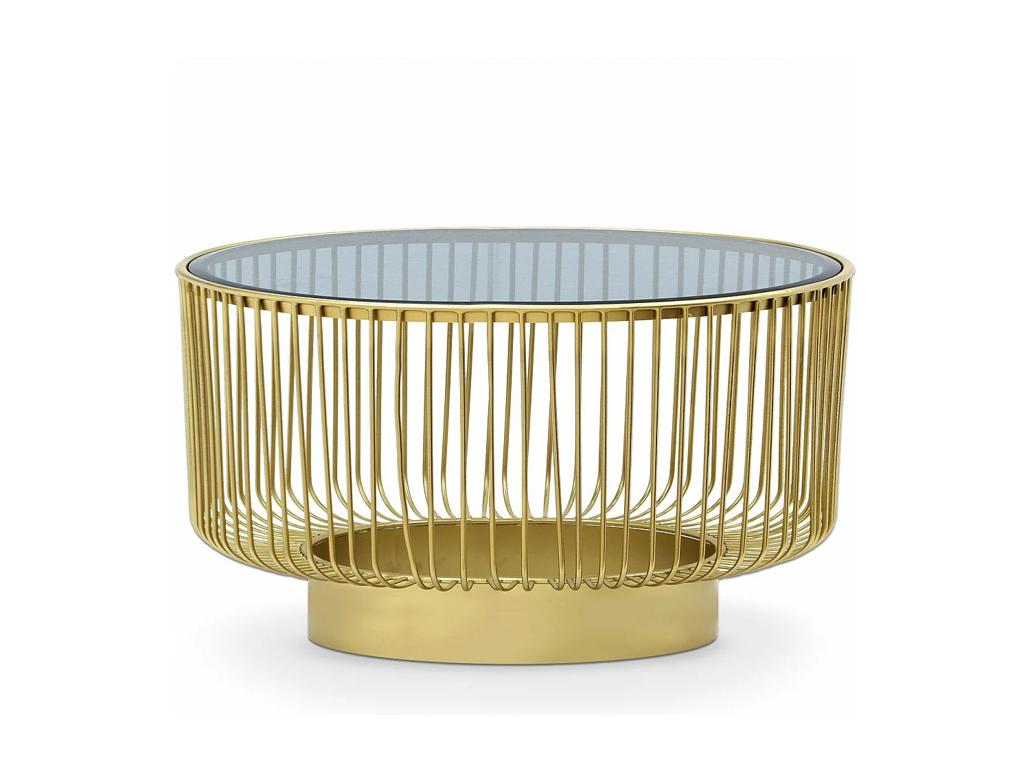 Table basse ronde design Dalia en métal filaire doré et Verre Noir fumé