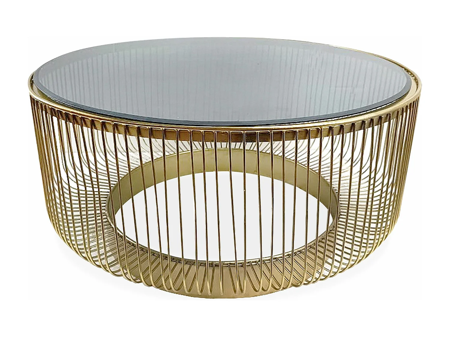 Table basse ronde design Dalia en métal filaire doré et Verre Noir fumé