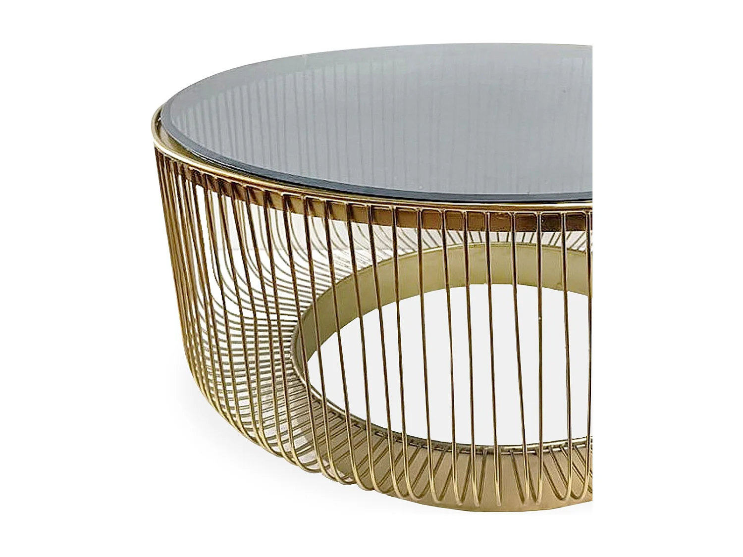 Table basse ronde design Dalia en métal filaire doré et Verre Noir fumé