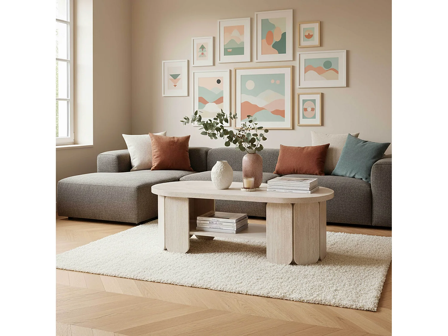 Table basse en MDF effet bois blanc