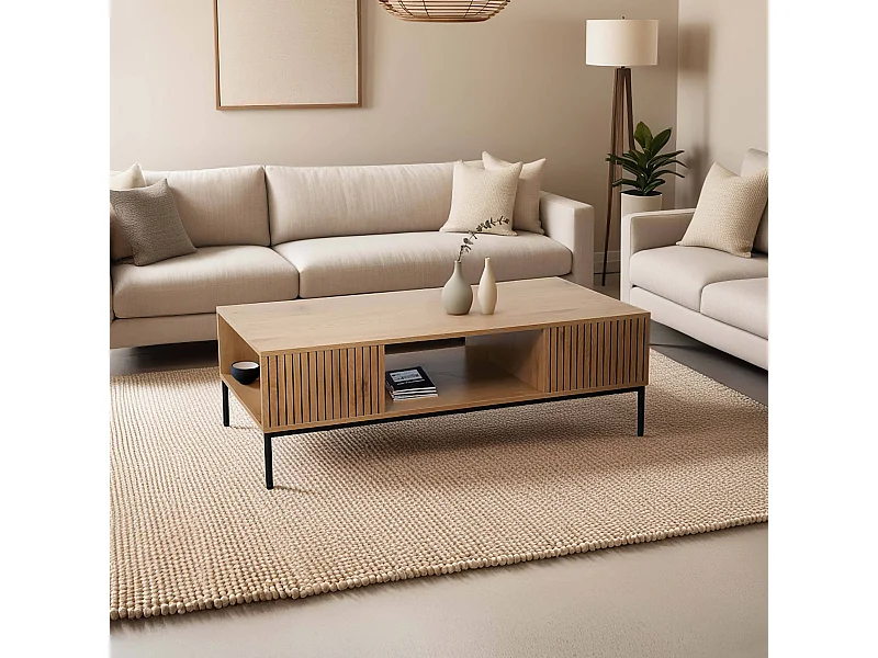 Table basse en acier et MDF décor mélaminé 120 cm beige