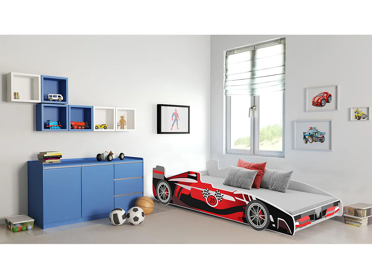 Lit enfant voiture formula 1 rouge et noir avec matelas et sommier inclus