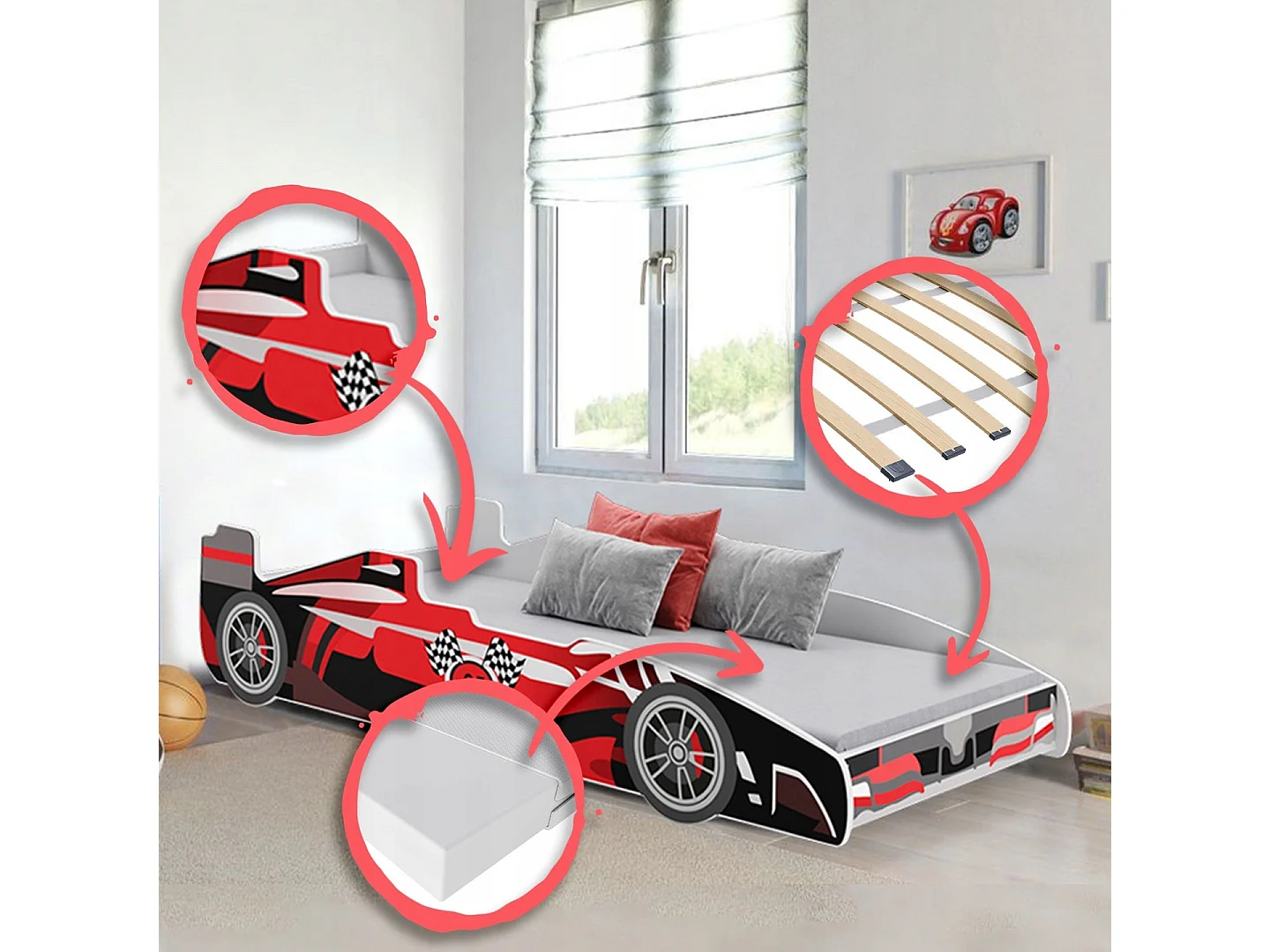 Lit enfant voiture formula 1 rouge et noir avec matelas et sommier inclus