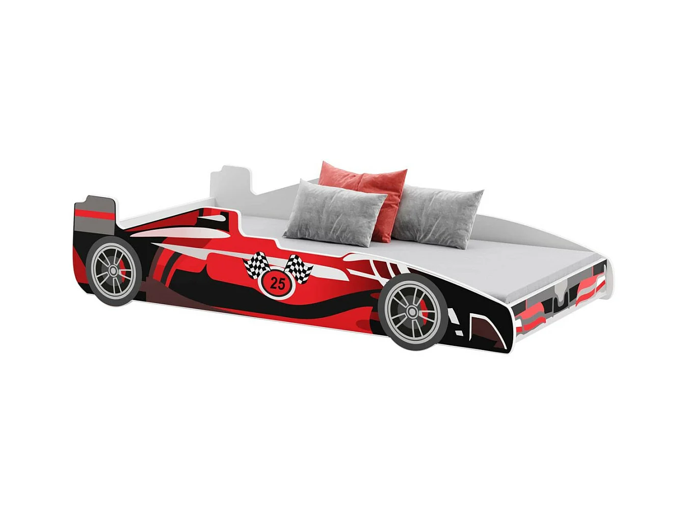 Lit enfant voiture formula 1 rouge et noir avec matelas et sommier inclus