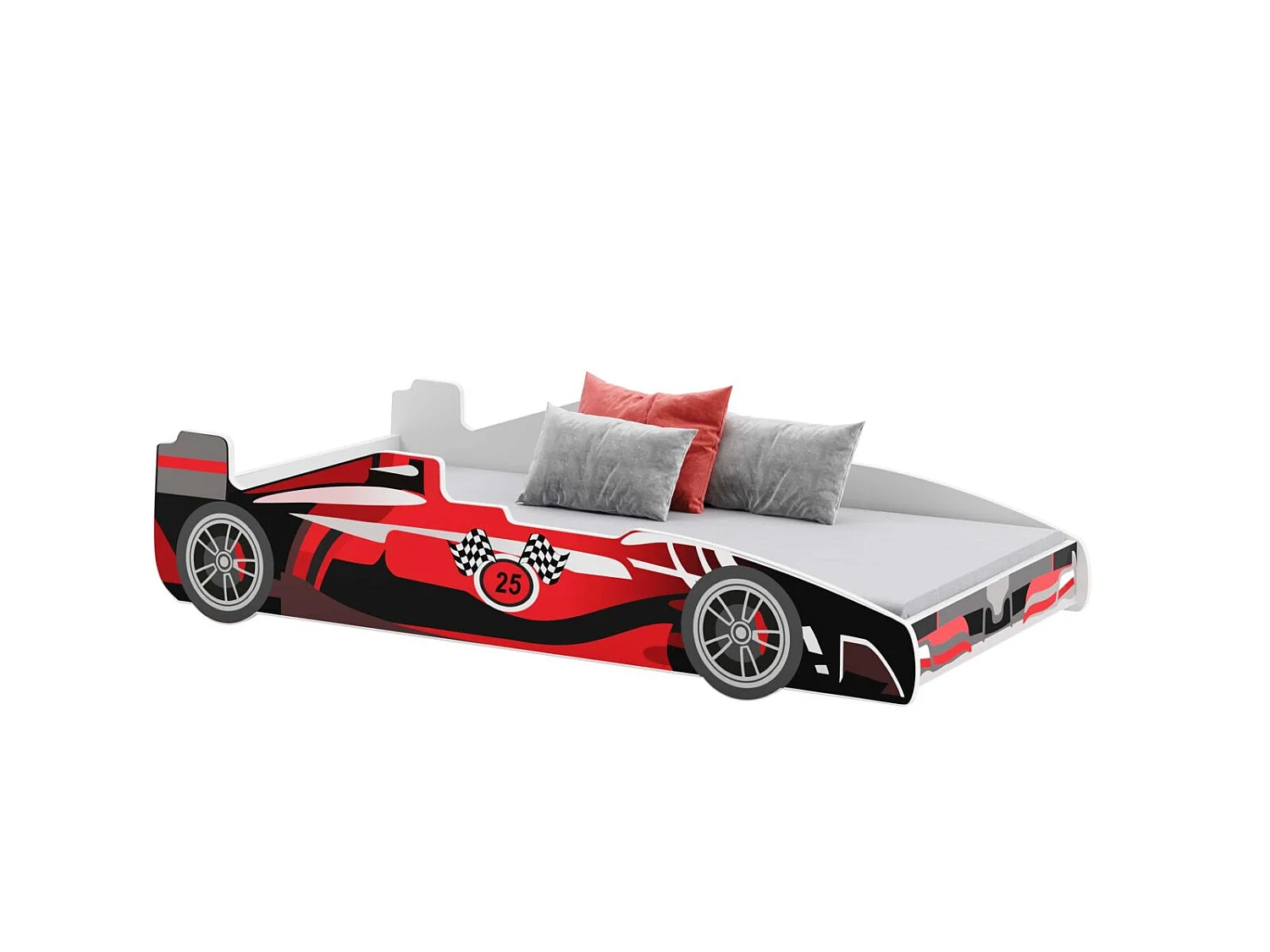 Lit enfant voiture formula 1 rouge et noir avec matelas et sommier inclus