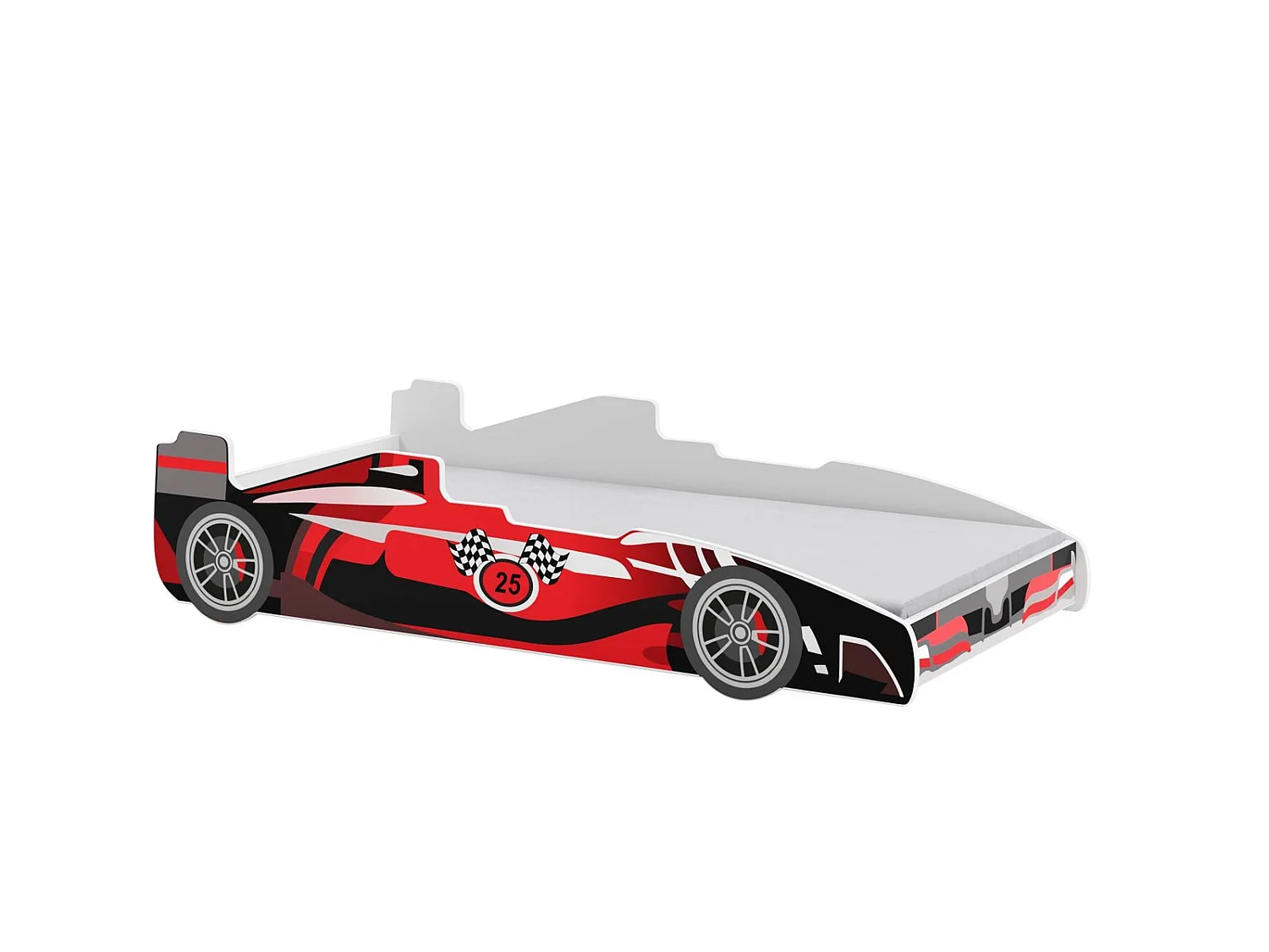 Lit enfant voiture formula 1 rouge et noir avec matelas et sommier inclus