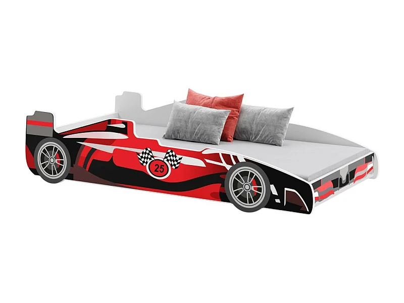 Lit enfant voiture formula 1 rouge et noir avec matelas et sommier inclus