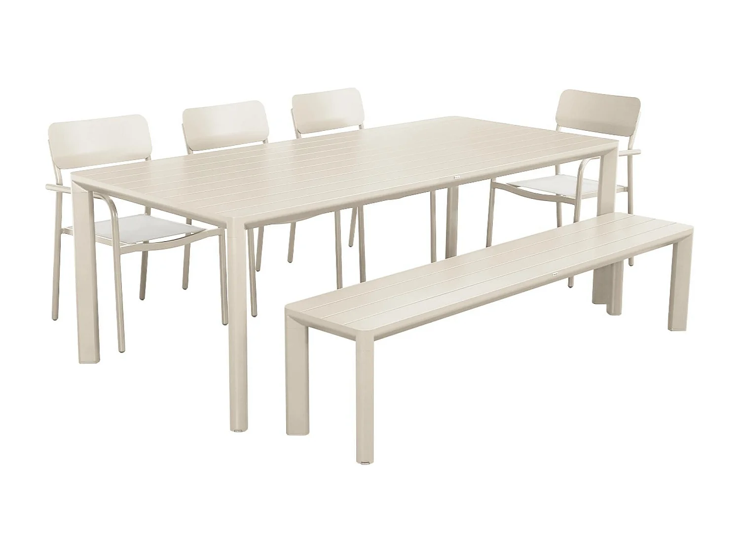 Mesa de jardín de aluminio con 1 banco y 4 sillones beige