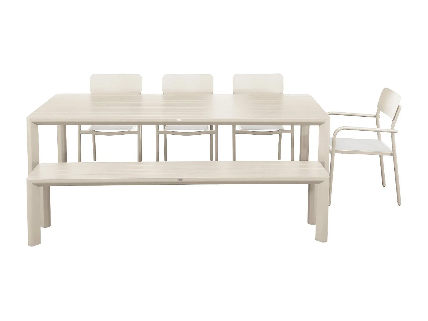 Mesa de jardín de aluminio con 1 banco y 4 sillones beige