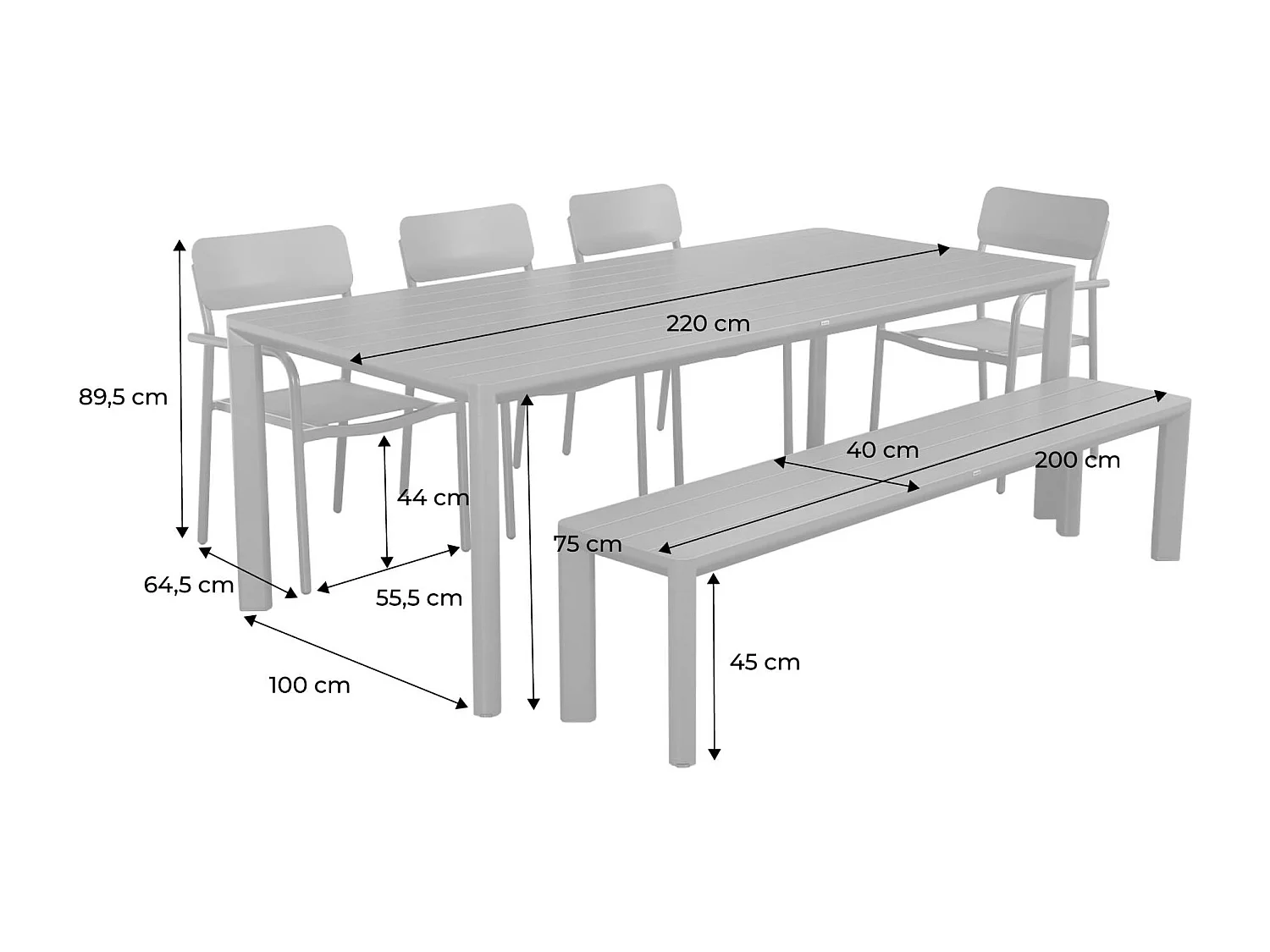 Mesa de jardín de aluminio con 1 banco y 4 sillones beige
