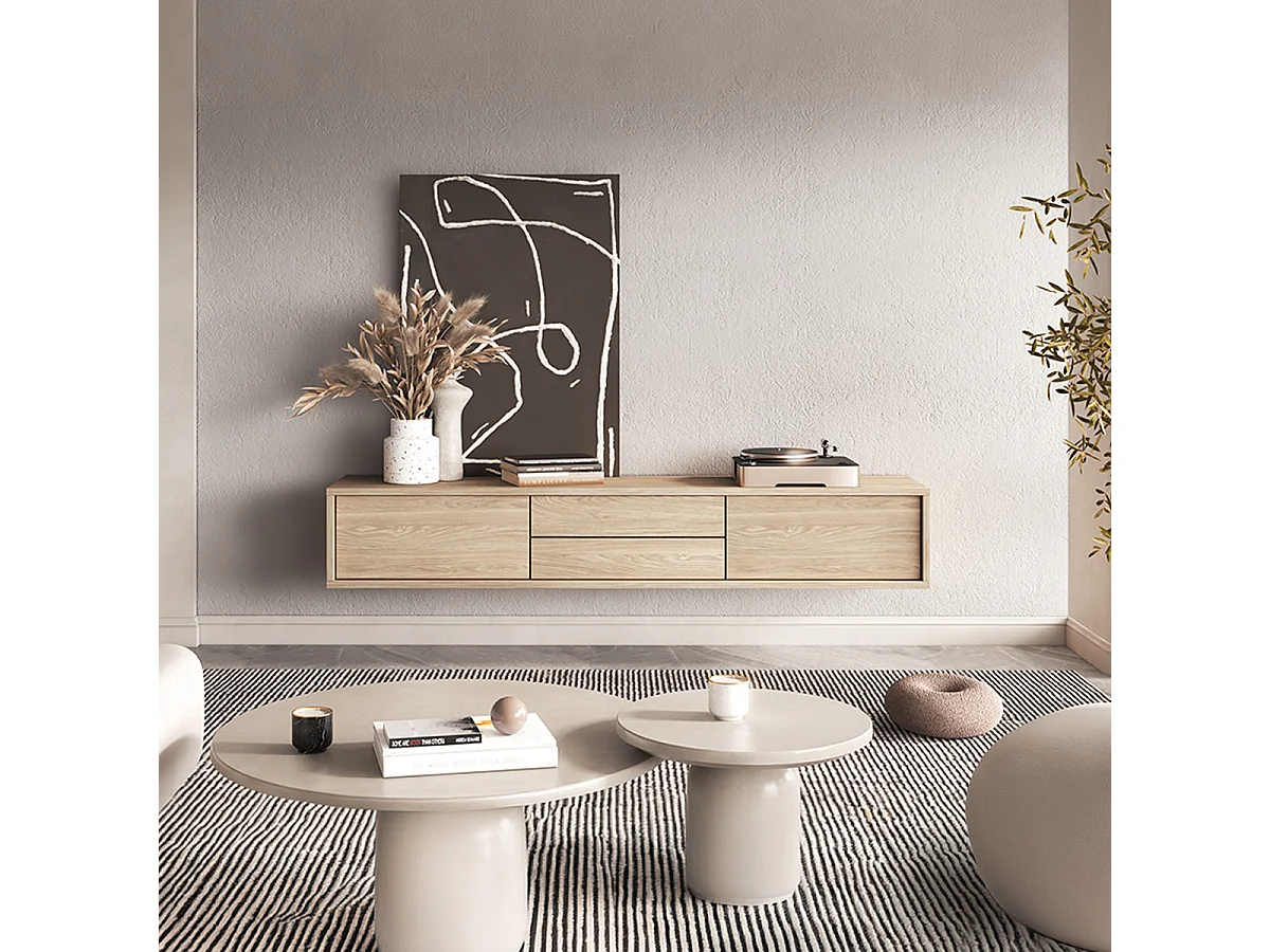 Meuble TV mural 2 portes 2 tiroirs 180 cm Idra Bois