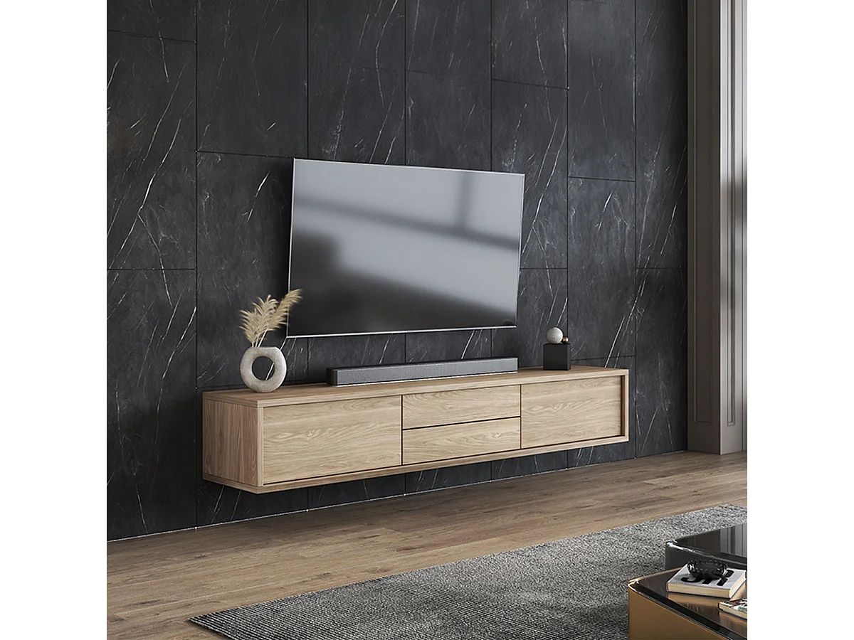 Meuble TV mural 2 portes 2 tiroirs 180 cm Idra Bois