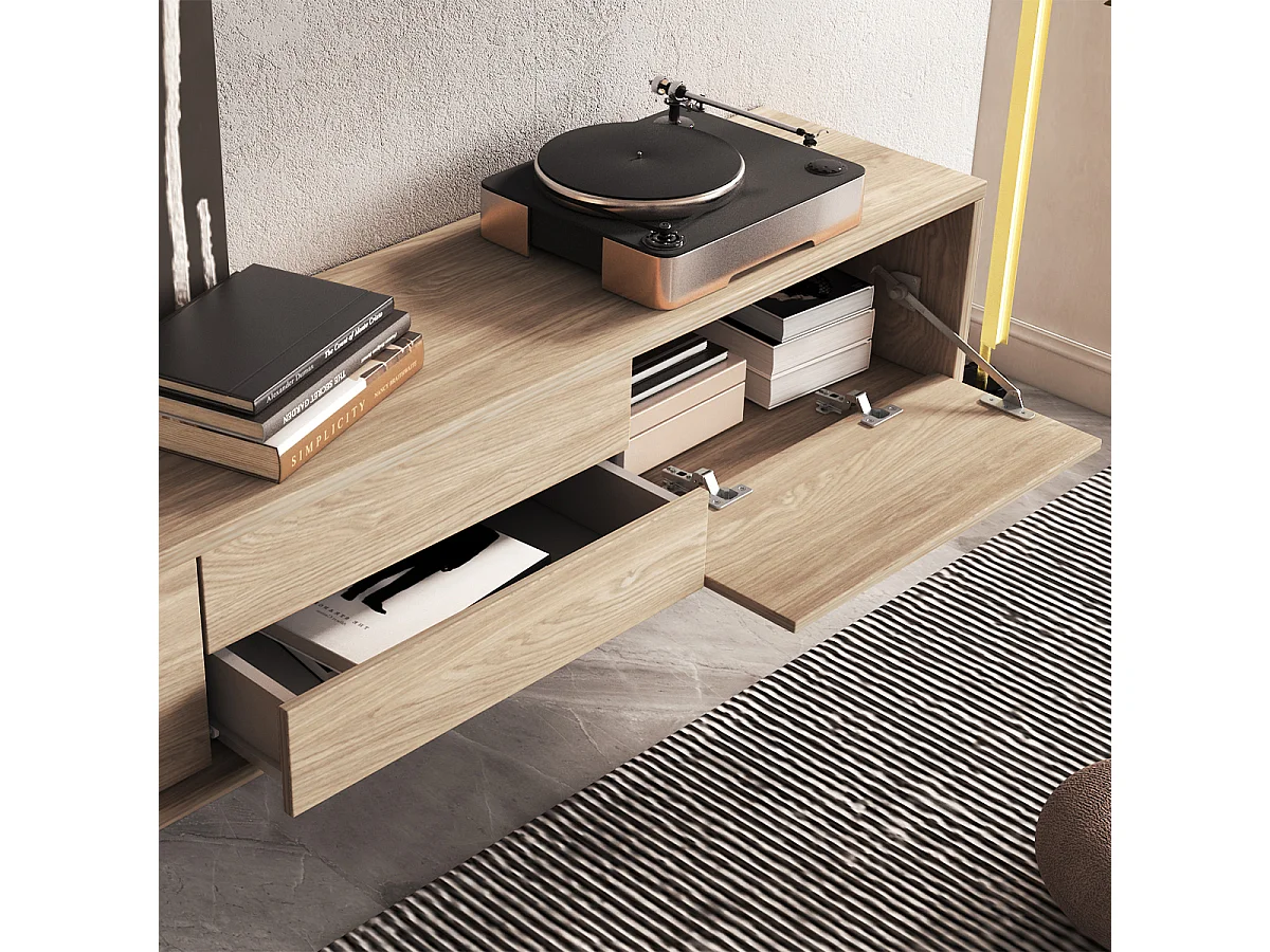 Meuble TV mural 2 portes 2 tiroirs 180 cm Idra Bois