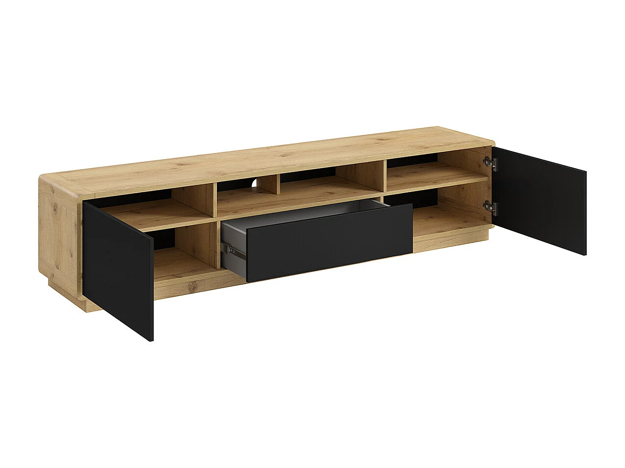 Móvel TV 2 portas 1 gaveta Raven preto mate e madeira 200cm