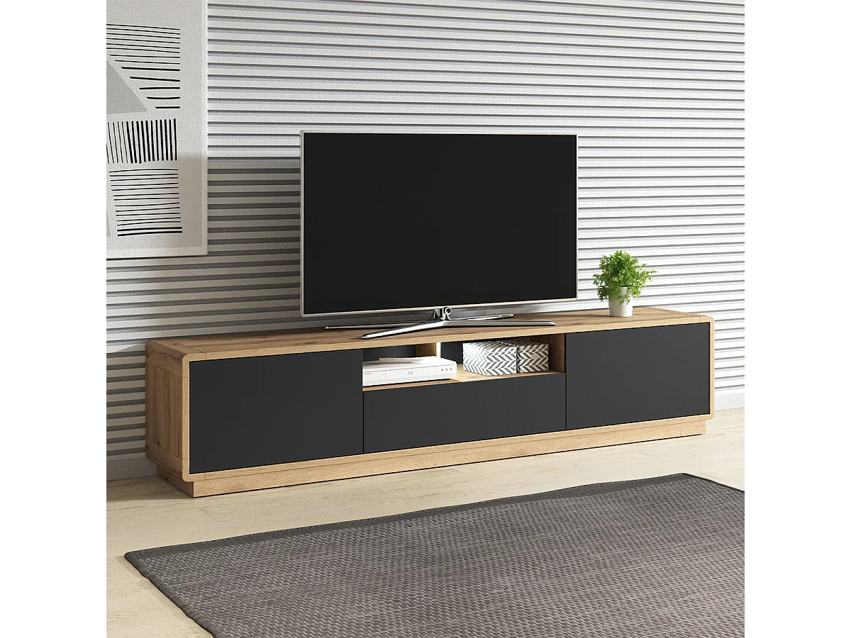 Móvel TV 2 portas 1 gaveta Raven preto mate e madeira 200cm