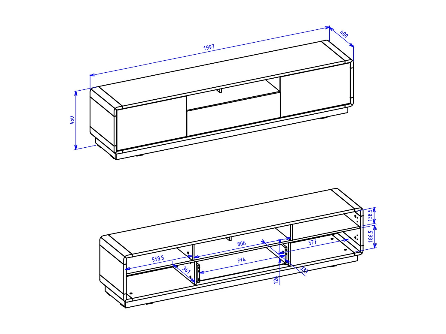 Móvel TV 2 portas 1 gaveta Raven preto mate e madeira 200cm