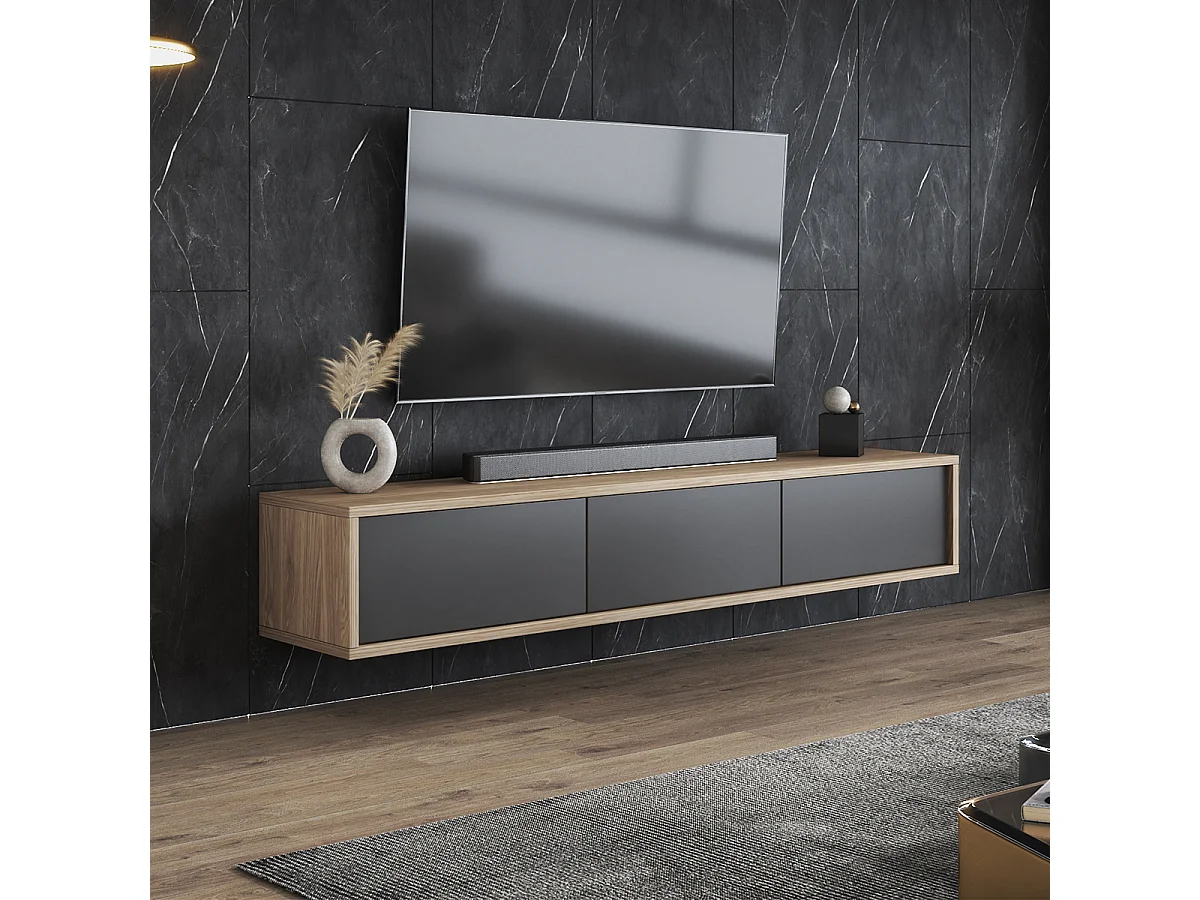 Meuble TV mural 3 portes 180 cm Idra Bois et Gris