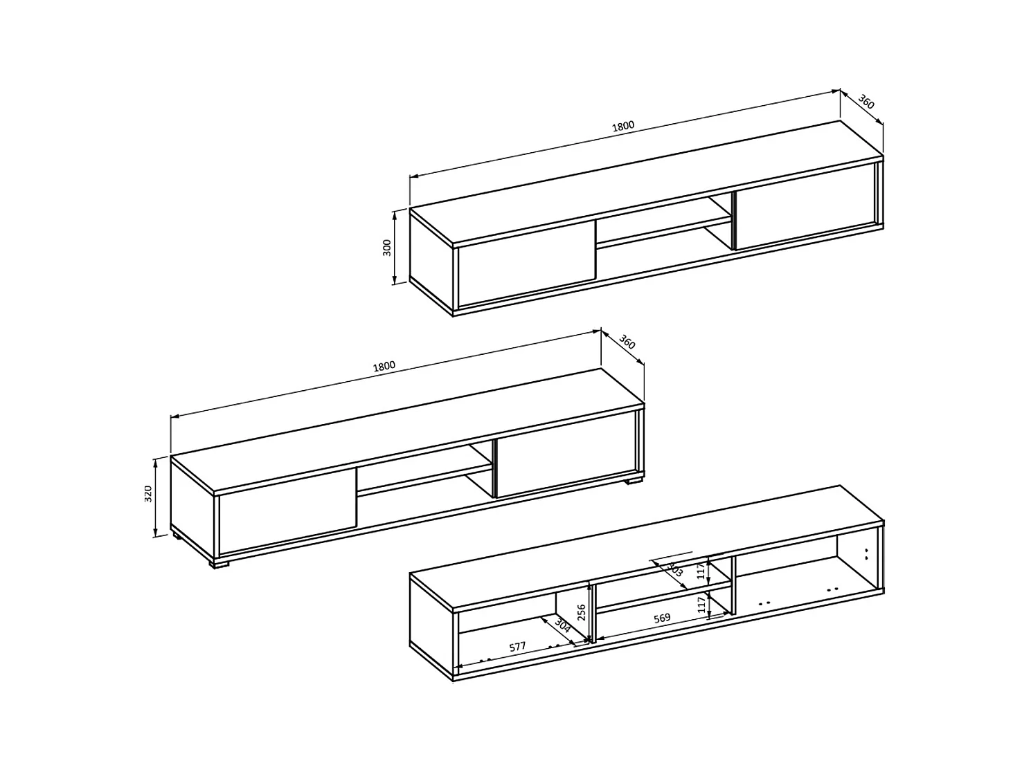 Meuble TV mural 2 portes 180 cm Idra Bois et Gris